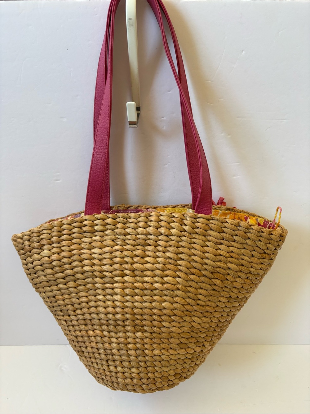 Woven Straw Bag Purse Pink Floral Appliqué Strap Zip Resort Cruise Coastal Beach - Picture 3 of 9